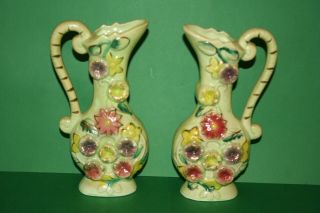 2 Vtg Ornate Japan Art Pottery Hand Paint Decorative Pitchers Embossed Flowers