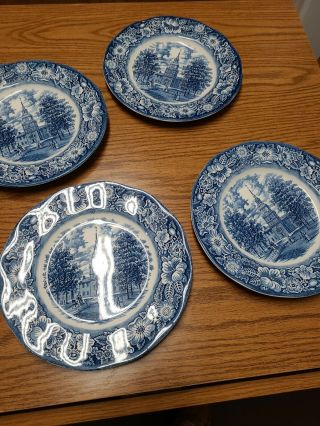 Set of 4 Liberty Blue Dinner Plates Staffordshire Ironstone Independence Hall 3