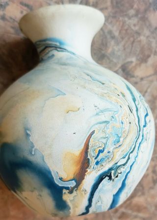 Vintage Nemadji Pottery Vase Blue/caramel Brown Swirls Made Usa