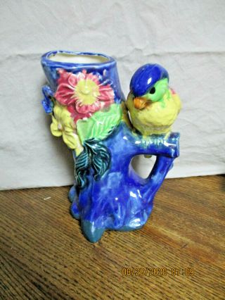 Vintage Ceramic Colorful Tree Trunk Vase With Parrot Made In Japan 8 " Tall