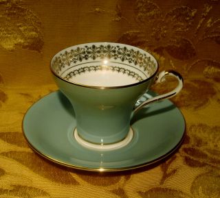 Aynsley Corset Cup & Saucer Sage Green Gold Made In England