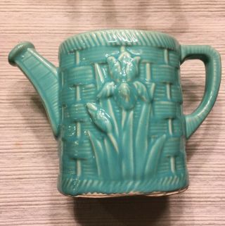 Shawnee Basketweave Iris Watering Can,  Turquoise,  1900 - 1940,  Usa 5 1/2 "