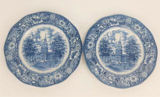 Liberty Blue Dinner Plates Staffordshire Ironstone Independence Hall Set Of 2