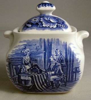 Liberty Blue Staffordshire England Historic Colonial Scenes Sugar Bowl With Lid