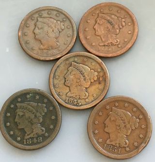Braided Hair Variety.  1845,  1848x2,  1851x2.  Coins