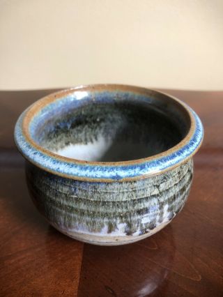 Signed studio art pottery ceramic bowl with drip glaze blue/green/beige 2