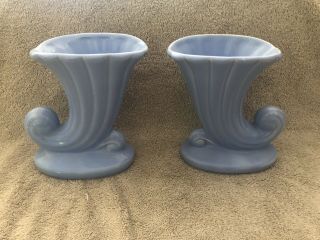 Vintage Usa Pottery 2 Cornucopia Vase Planter Horn Of Plenty Blue