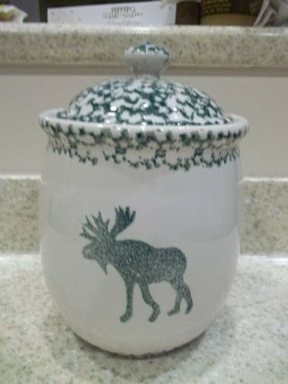 2 Pc Folkcraft Tienshan 7 " Canister & Lid Moose Country Green Sponge Chip