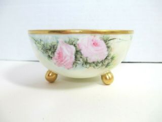 Vintage Nippon 3 Footed Bowl Hand Painted Pink Roses Gold Trim Euc