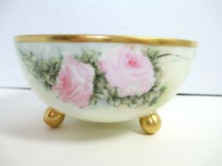 Vintage Nippon 3 footed bowl Hand Painted Pink Roses Gold Trim EUC 2