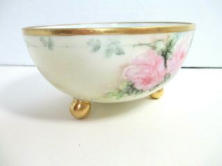 Vintage Nippon 3 footed bowl Hand Painted Pink Roses Gold Trim EUC 3