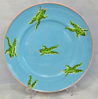 Patricia Dupont Hand Painted Green Frogs On Blue Pottery 1995 Portugal 9 ½”