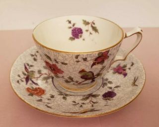 Vintage Crown Staffordshire Tea Cup & Saucer England Purple And Birds Flowers