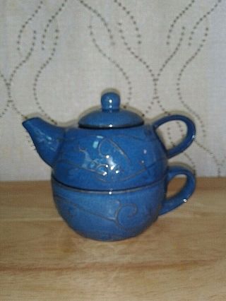 Pier 1 Tea For One 3 Pc.  Stoneware Teapot & Cup Set Raised Design Glossy Blue
