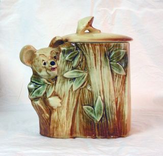 Vintage Mccoy Usa Koala Bear With Bamboo Cookie Jar With Brown And Green