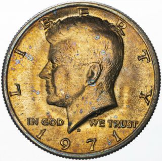 1971 - D Kennedy Half Dollar Silver Bu Vibrant Yellow Color Toned Unc Luster (mr)