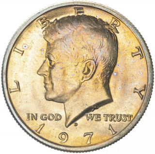1971 - D Kennedy Half Dollar Silver Bu Color Appeal Luster Toned Unc (mr)