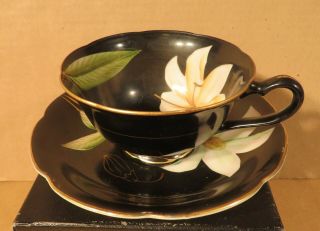 Princess China Black & Floral Teacup & Saucer / Made In Occupied Japan