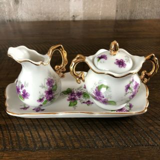 Vintage Cream And Sugar Set With Purple Violets & Gold Trim - Made In Japan