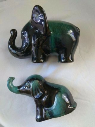 Blue Mountain Pottery Elephants,  Teal Drip Glaze,  Vintage C.  1970 