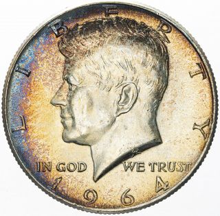 1964 - P Kennedy Half Dollar Unc Silver Bu Crescent Toned Color Blue Orange (mr)