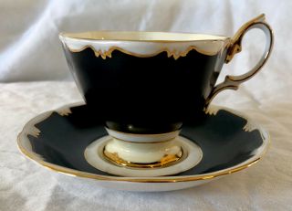 Vintage English Royal Albert Bone China Teacup Cup & Saucer - Black Gold Ivory
