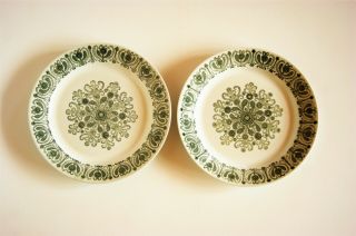 2 Rare Vintage Arabia Finland Dinner Plates With Green Cross Stichted Design