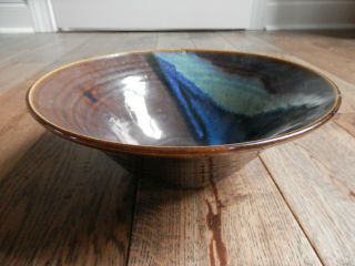Large Brown & Blue Swirl Drip Studio Pottery Bowl - 9 1/2 "