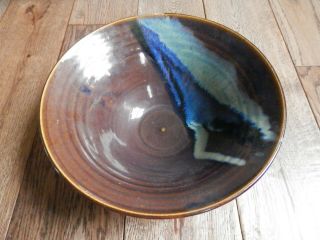 Large Brown & Blue Swirl Drip Studio Pottery Bowl - 9 1/2 