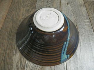 Large Brown & Blue Swirl Drip Studio Pottery Bowl - 9 1/2 