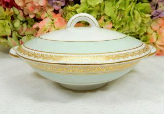 Antique Haviland Limoges Porcelain Covered Serving Bowl Seafoam Green Gold