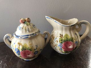 Italian Italy Pottery Ceramic Nove Rose Hand Painted Sugar Bowl & Creamer Set