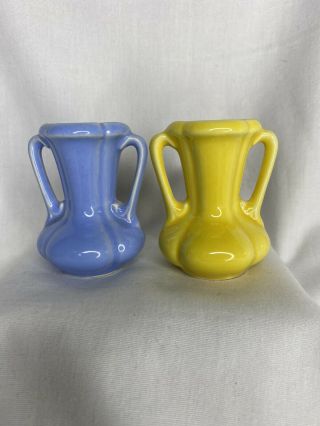 2 Shawnee Usa Pottery Blue & Yellow Mini Miniature Double Handled Vase Figurines