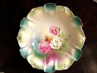 C.  1905 Rs Prussia Stippled Floral Design 11 " Bowl Pink/white Roses - Mkt
