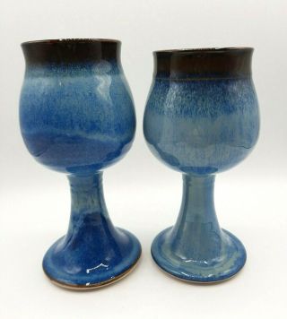 Set Of 2 Studio Art Pottery Blue Handmade Goblets