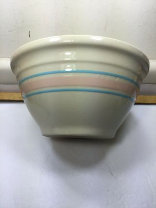 VINTAGE McCOY POTTERY 10”PINK AND BLUE STRIPED OVENWARE BOWL 3