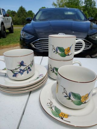 Woodhill China By Citation Purple Yellow Wild Flower Cup And Saucers Set Of 4
