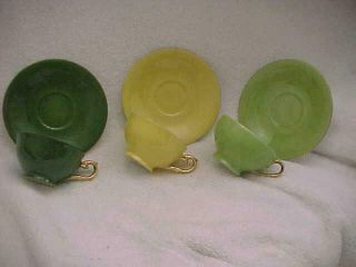 Set Of Three Lovely Green & Yellow F&b (limoges) Espresso Cups & Saucers - -
