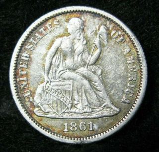 1861 Civil War Era Seated Liberty Silver Dime United States Type Coin