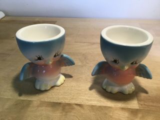 Two Vintage? Ceramic Blue Bird Egg Cups Norcrest? Lefton? Japan?