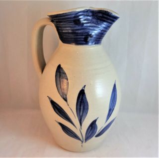 Williamsburg Salt Glazed Stoneware Pottery Cobalt Blue Leaf Pitcher 8 " Tall