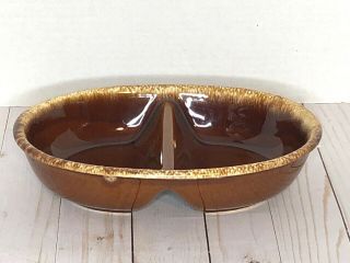 Vtg Hull H.  P.  Co Oven Proof Dish Oval Divided Casserole Brown Drip Pottery Usa