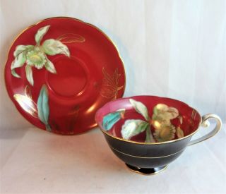 Wako Tea Cup & Saucer Orchid Red Interior Black Gold Trim Teacup Coffee Flower