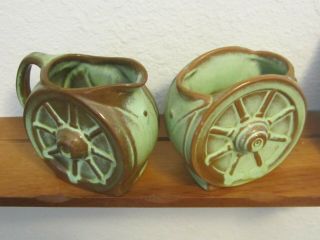 Vintage Frankoma Pottery Wagon Wheel Creamer & Sugar Bowl Prairie Green