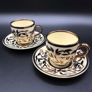 Vtg Pair Myott Son Co Hand Painted Old Copper Luster Ware Demitasse Cup Saucer