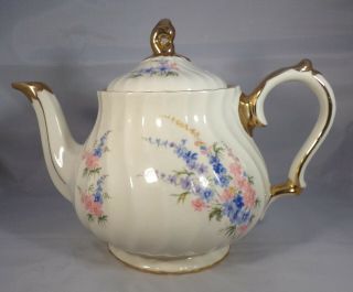 Vintage Teapot Sadler England Ceramic 2748 Pink Blue Delphiniums 6.  5 " Pretty