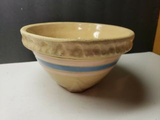 Vintage Mccoy Pottery Yellow Ware Mixing Bowl Pie Crust Rim With Pink Blue Band