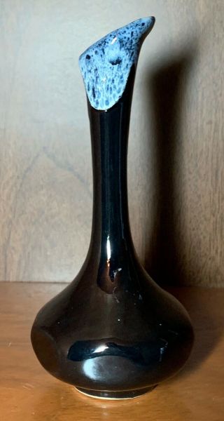 Van Briggle Pottery Black Bud Vase Blue Drip Glaze Hexagon Bottom 7” Signed