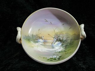 Vtg Nippon Hand Painted 7” Bowl With Handles Swan Scene Porcelain