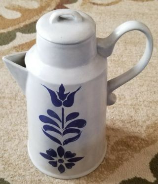 Pottery Vase Hand Turned Pitcher Blue Floral Leaves Usa